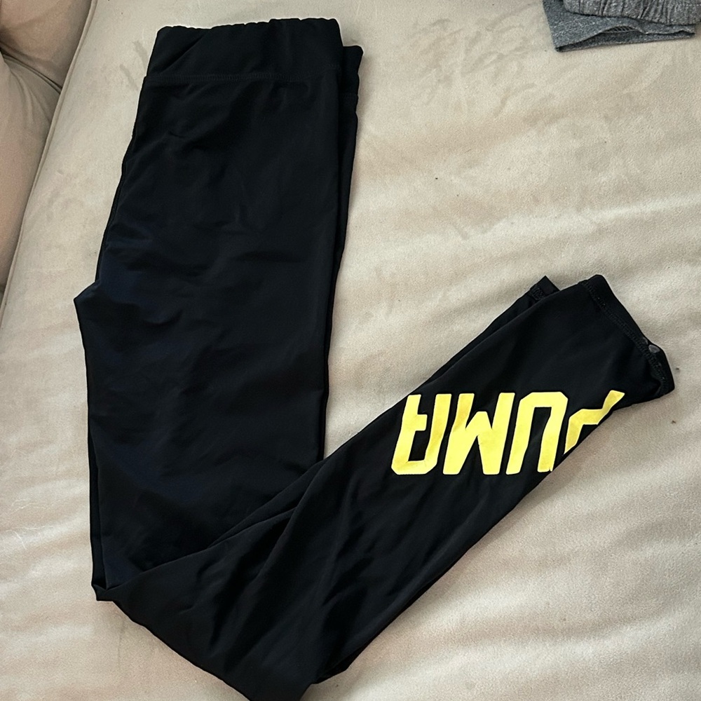 Puma Black Leggings with Yellow Logo